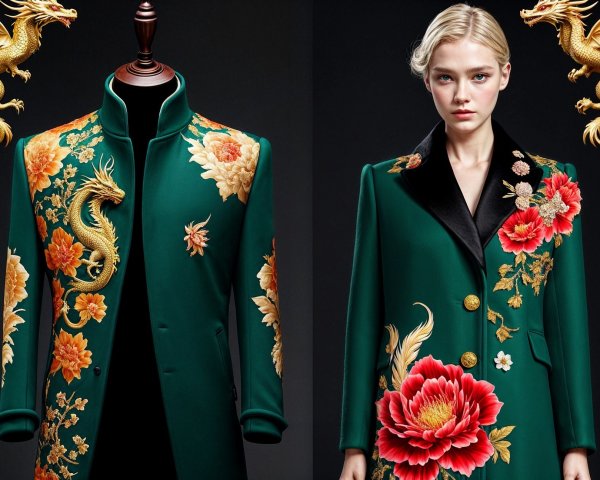 Green Coat with Golden Dragon and Floral Embroidery