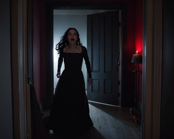 Woman in Black Dress in Eerie Dimly Lit Hallway