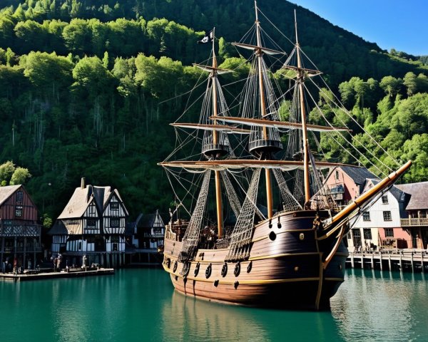 Wooden Ship Docked in Turquoise Harbor with Hills