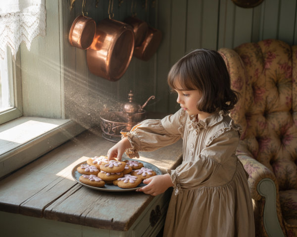 Young girl in vintage dress by sunlit window baking