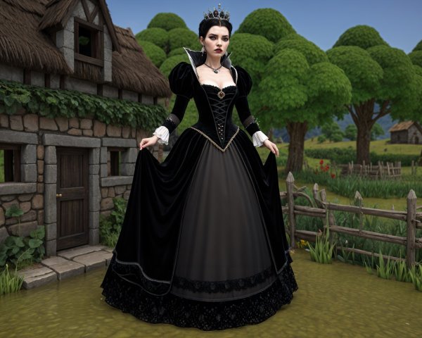 Elegant figure in black gown by rustic stone cottage