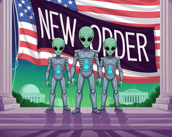 Cartoonish aliens with silver bodies and a flag