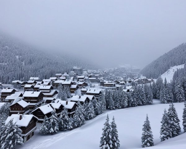 Winter Landscape of a Snowy Village with Pine Trees