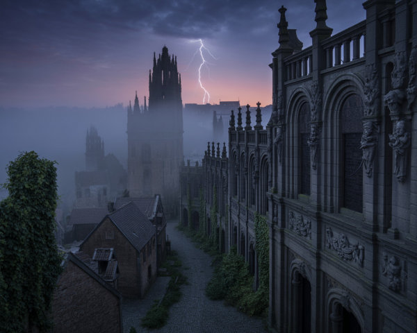 Eerie Misty Landscape with Gothic Architecture and Lightning