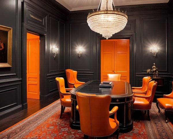 Luxurious Office with Dark Walls and Orange Accents