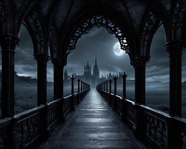Gothic Castle Scene Under Full Moonlight Atmosphere