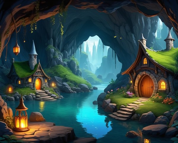 Mystical Cave Scene with Whimsical Cottages and River