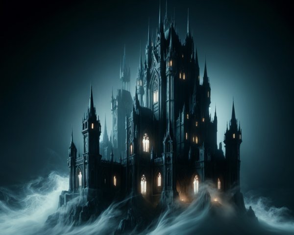 Gothic Castle Surrounded by Mist and Fog at Night