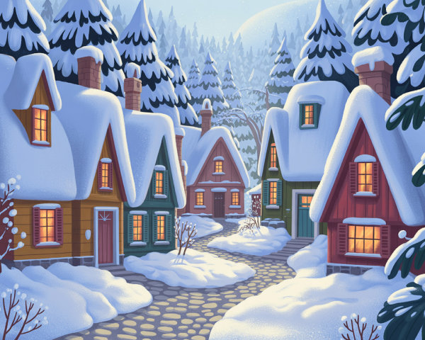 Charming Winter Cottages in a Snowy Landscape