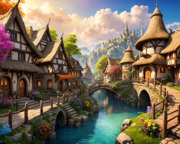 Charming Village by Serene River at Sunset