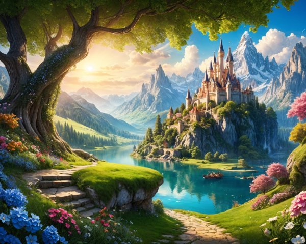Majestic castle on rocky outcrop with vibrant flowers