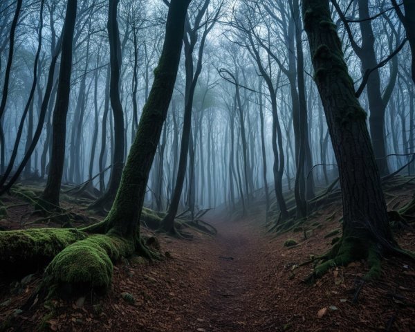 Misty Forest Scene with Slender Trees and Fog