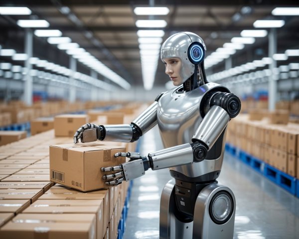 Humanoid Robot in Modern Warehouse Handling Packages