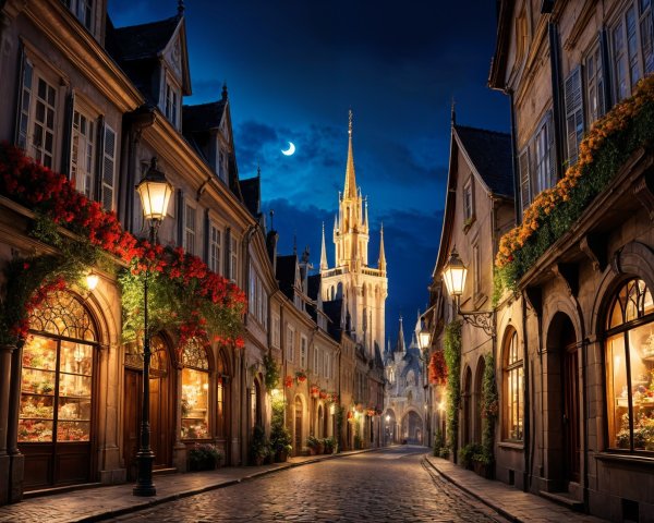 Cobblestone Street in Quaint Village at Night