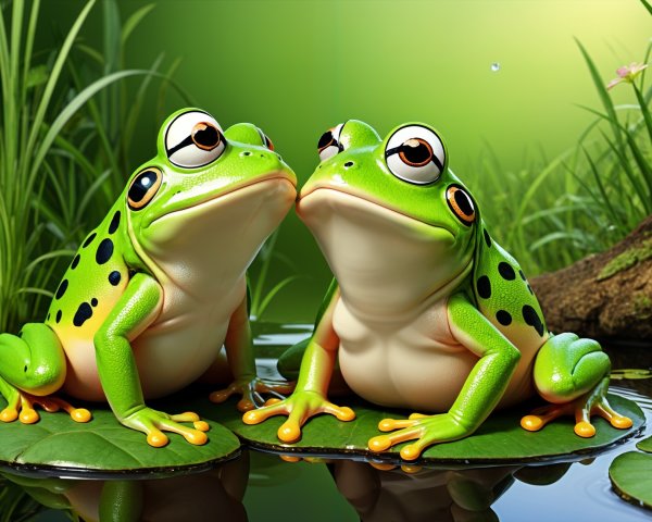 Cartoon Frogs on Lily Pads in Tranquil Pond Setting