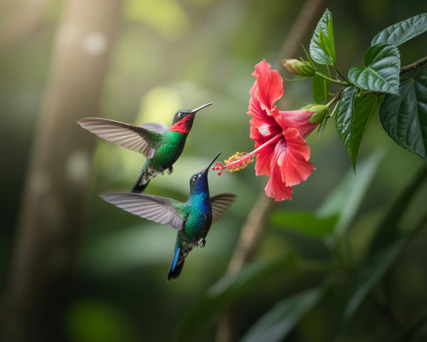 Hummingbirds and Hibiscus in Tropical Nature Scene