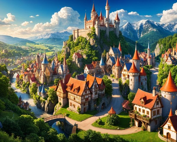 Medieval Village Surrounded by Hills and Mountains