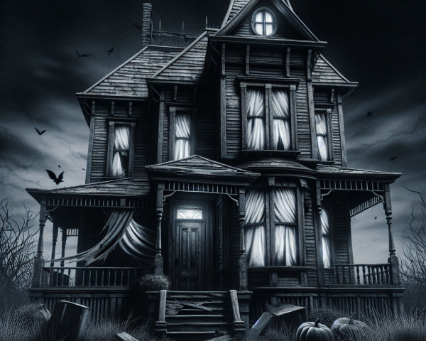 Dilapidated Victorian House Under Dark Sky