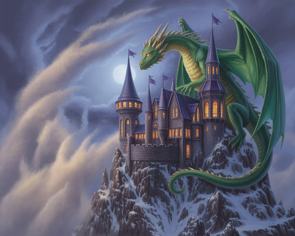 Green Dragon Overlooks Medieval Castle on Mountain