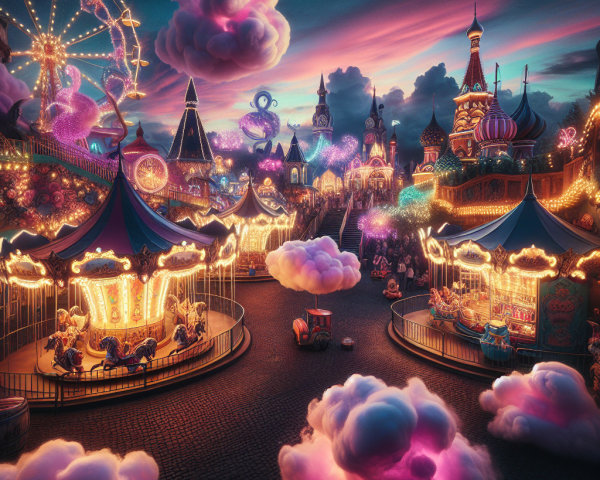Whimsical Amusement Park at Twilight with Colorful Lights