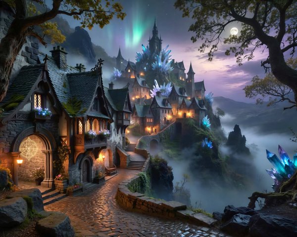 Fantasy Village Under Aurora Borealis at Night