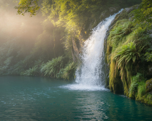 Serene Waterfall Cascading into Turquoise Pool