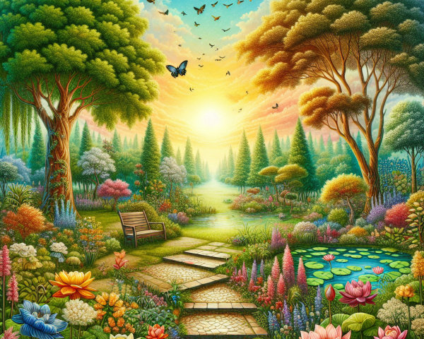 Vibrant garden scene with trees, flowers, and sunset