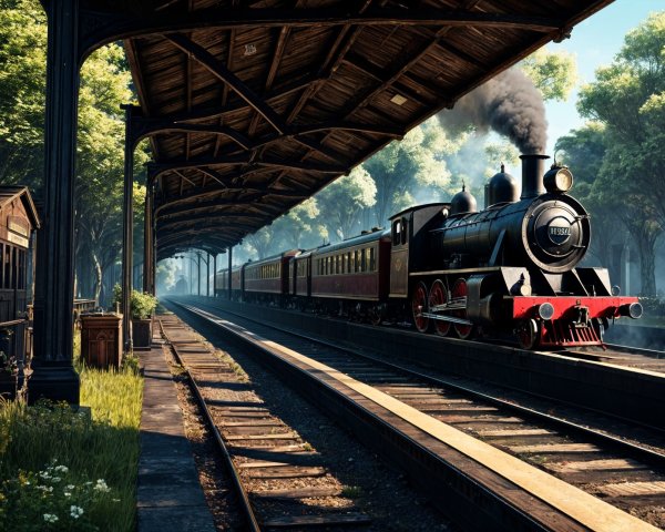 Vintage steam locomotive at a railway platform with trees
