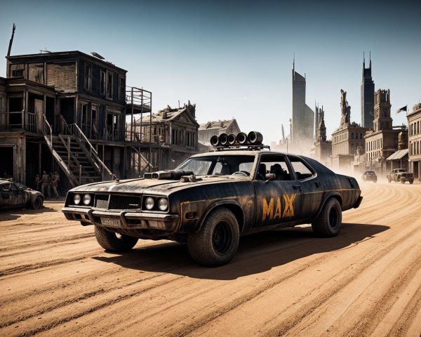 Rugged Car in Post-Apocalyptic Urban Landscape