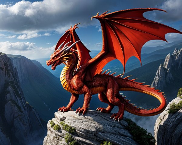 Majestic Red Dragon on Rocky Outcrop with Mountains