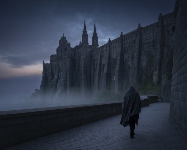 Cloaked Figure Walking by Castle in Twilight Mist