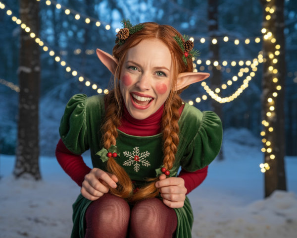 Cheerful Elf in Festive Dress in Winter Forest Setting