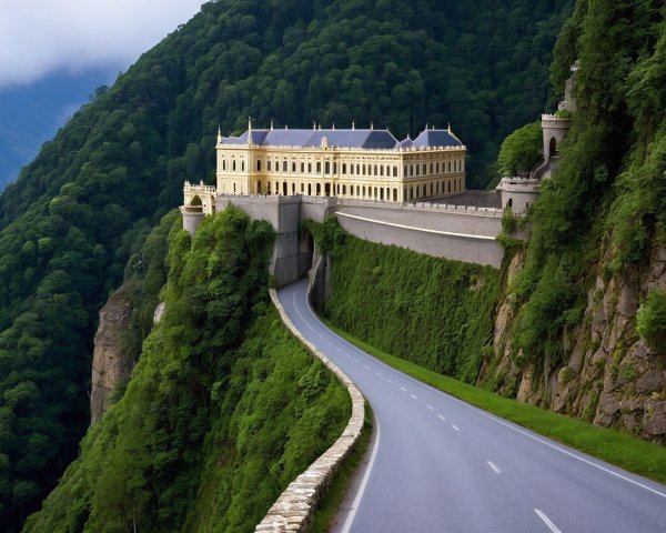 Aerial View of a Yellow Mansion on a Green Cliff