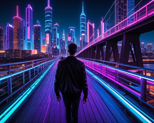 Silhouetted Figure on Neon-Lit Bridge in City Skyline