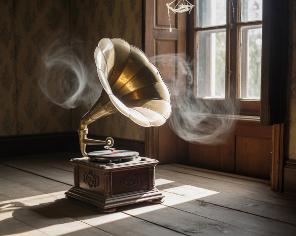 Vintage Gramophone in Sunlit Rustic Room