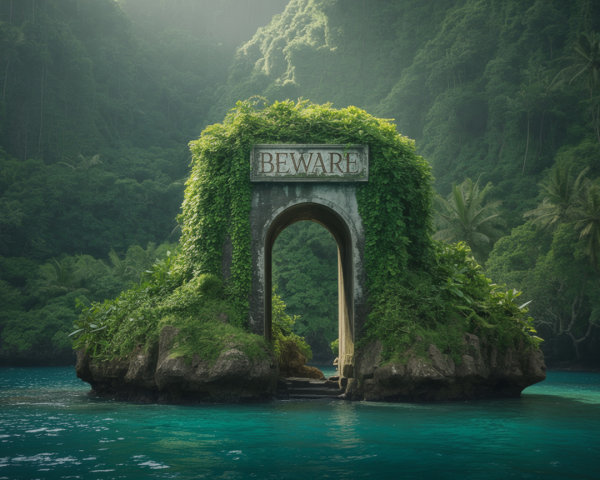 Lush Island with Stone Archway and Cliff Surroundings