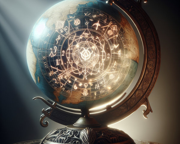 Ornate illuminated globe with celestial designs