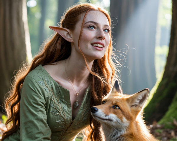 Elven Woman and Fox in a Serene Forest Setting