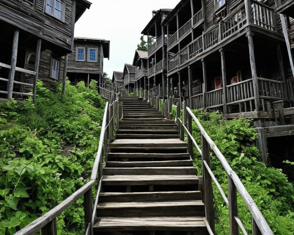 Winding Wooden Staircase in a Rustic Landscape