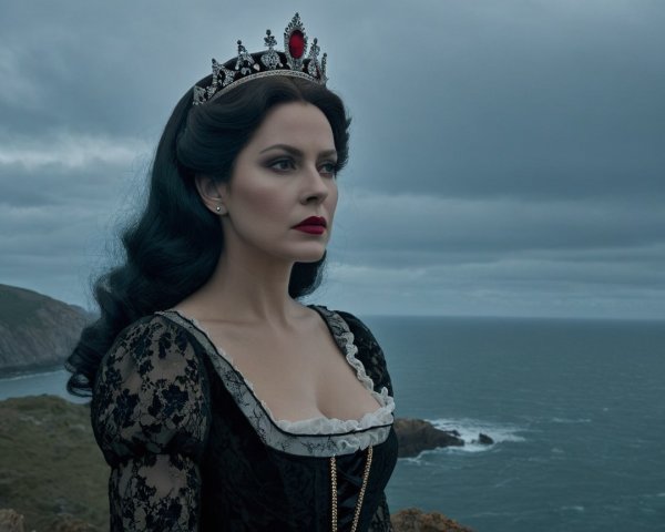 Regal Woman in Black Lace Gown by Ocean Cliff