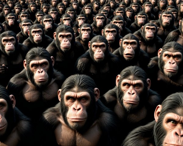 Dense Crowd of Hyper-Realistic Apes with Intense Expressions