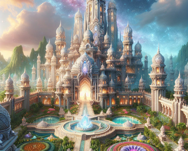 Majestic Fantasy Palace Surrounded by Lush Gardens