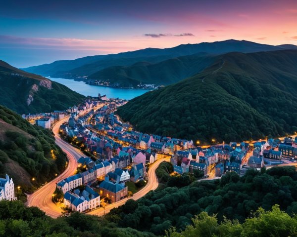 Twilight Landscape of a Coastal Town with Hills