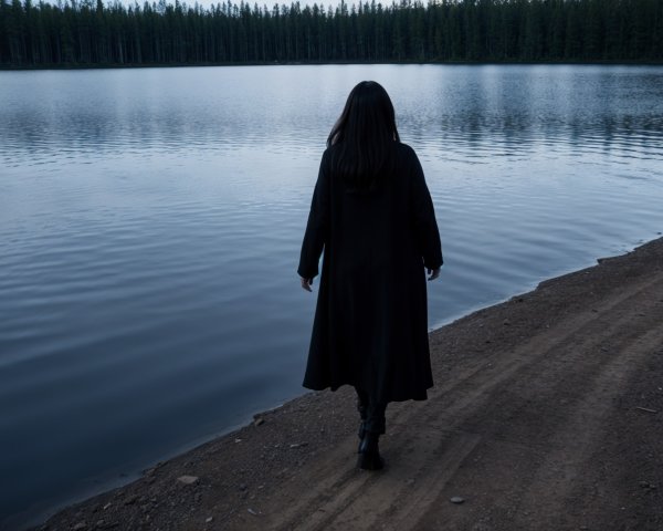 Figure in Black Coat by Calm Lake and Forest