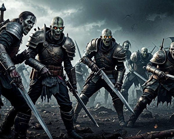 Armored Skeletal Warriors in a Stormy Landscape