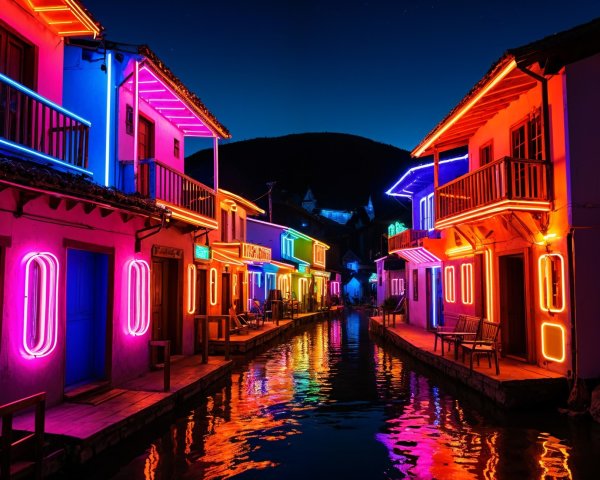 Vibrant Canal with Colorful Houses and Neon Lights