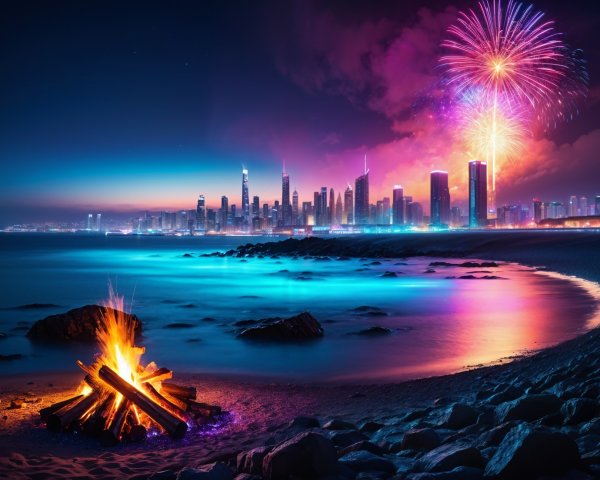 Vibrant Night Beach Scene with Bonfire and Fireworks