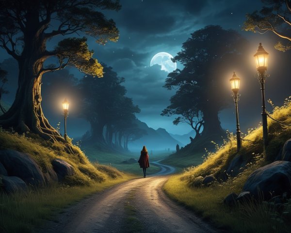 Serene Night Scene with Vintage Lamps and Full Moon