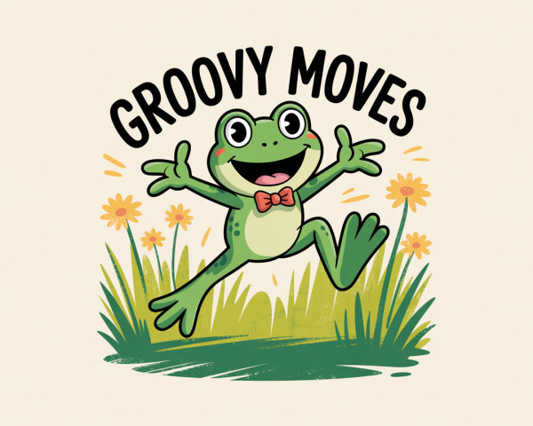 Cheerful cartoon frog among yellow daisies and grass