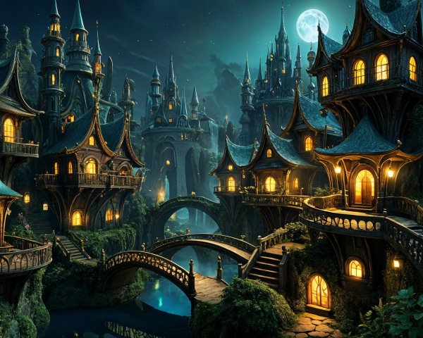 Whimsical Fantasy Village Under Moonlit Sky